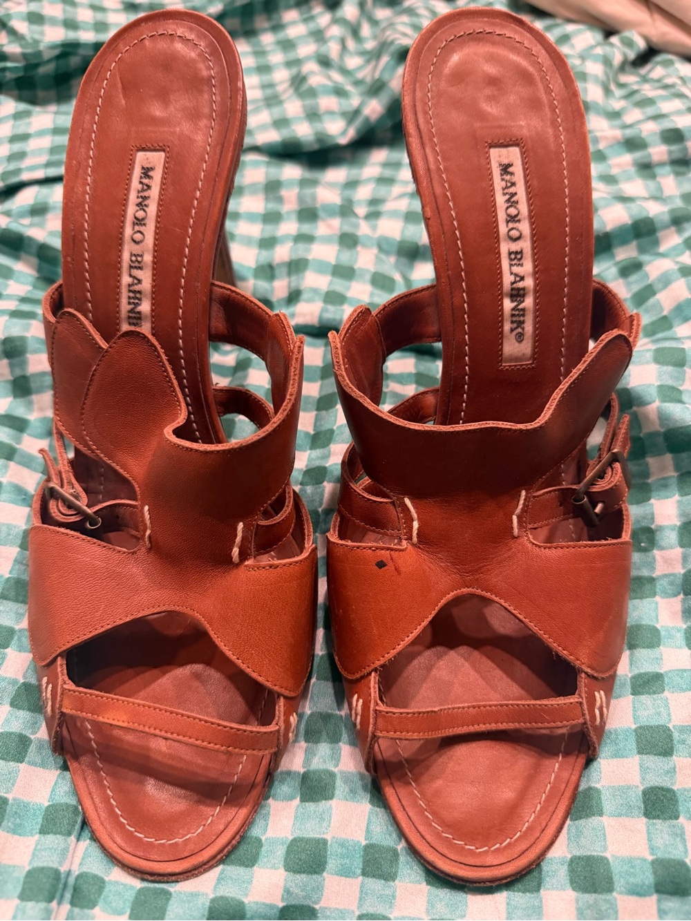 Manolo Blahnik Rust Brown Leather Slide Mules